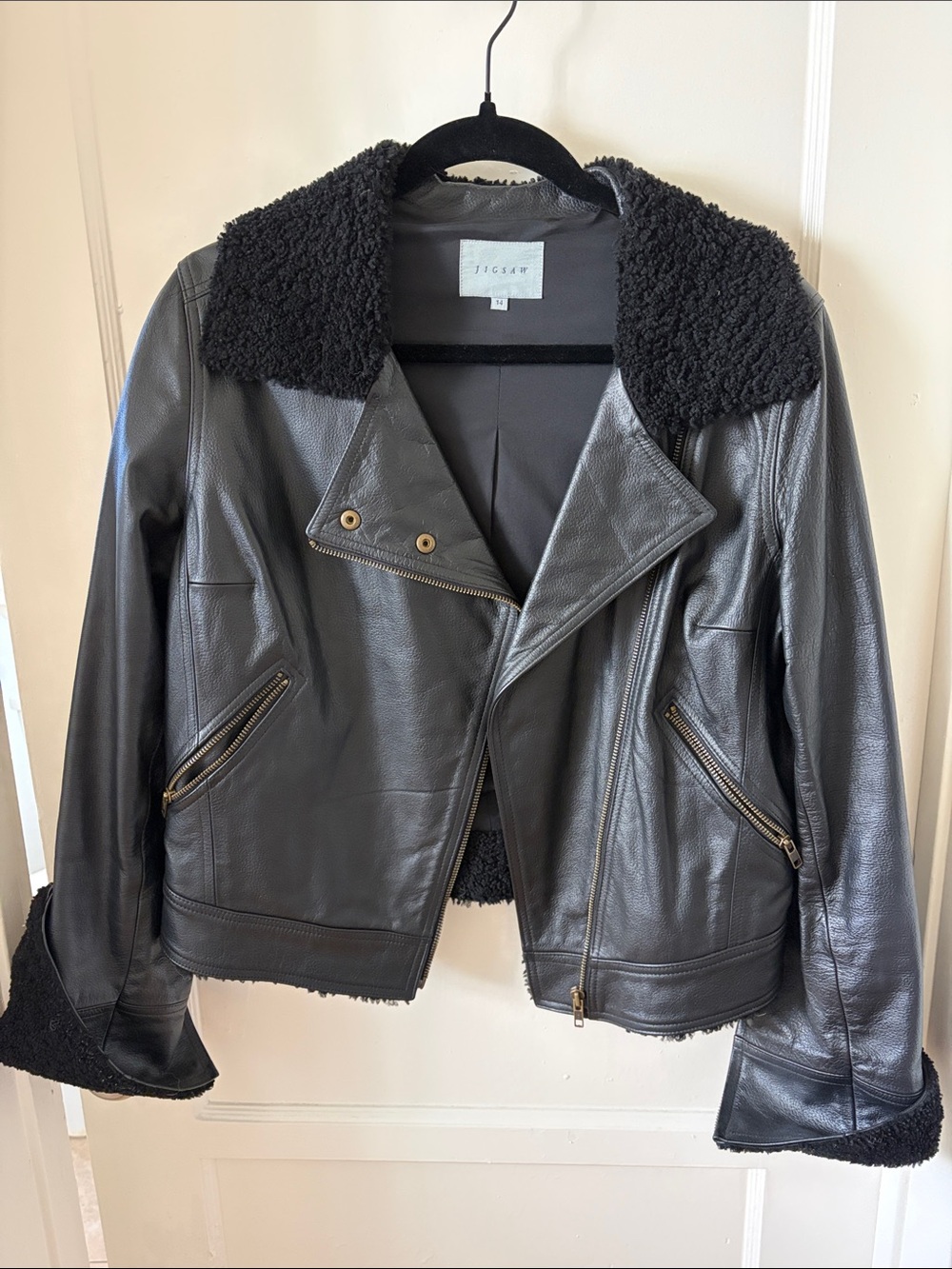 Jigsaw Black Leather Moto Jacket with Shearling Trim